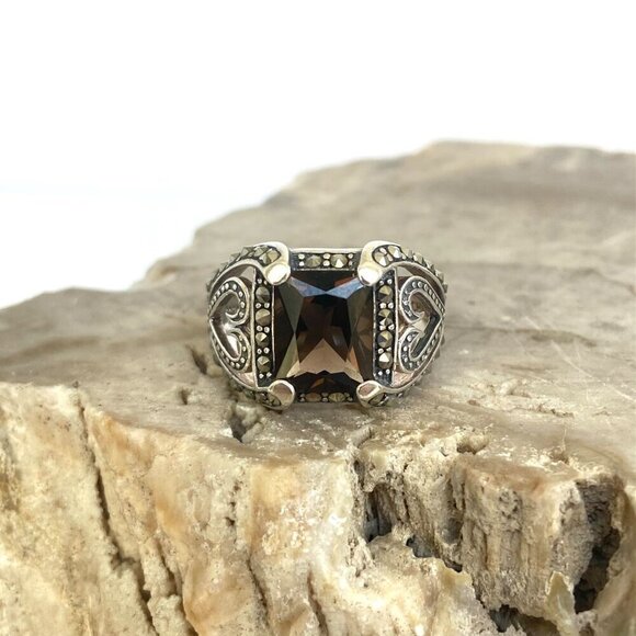 Sterling Silver 925A Rectangular Smoky Quartz & Marcasite Heart Ring Sz 5.75 - Picture 2 of 16